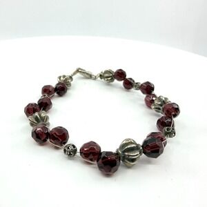 Vintage Gothic Deep Red Faceted Crystal Bead Strand Bracelet Silver Tone Accents